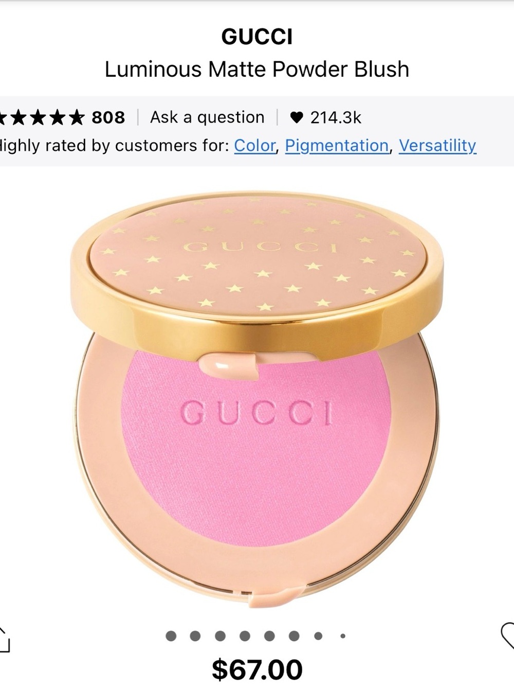 Gucci Luminous Matte Powder Blush — Bright Pink with Gold Compact
